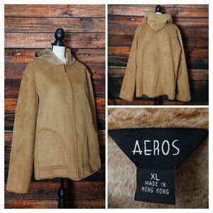 Aeros Vintage Coat XL Faux Suede Hooded Jacket Soft Fur Lined Chestnut Brown